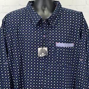 Silver Stone Shirt 3X 3XL Navy Blue Dot Pattern Button Front Roll Tab Sleeves
